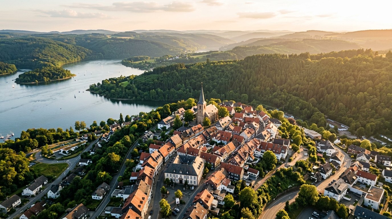 Luftaufnahme von Olpe im goldenen Abendlicht – Altstadt mit Kirchturm, Biggesee und die bewaldeten Höhen des Südsauerlands, Heimat von Manfred Berglar, Malermeister